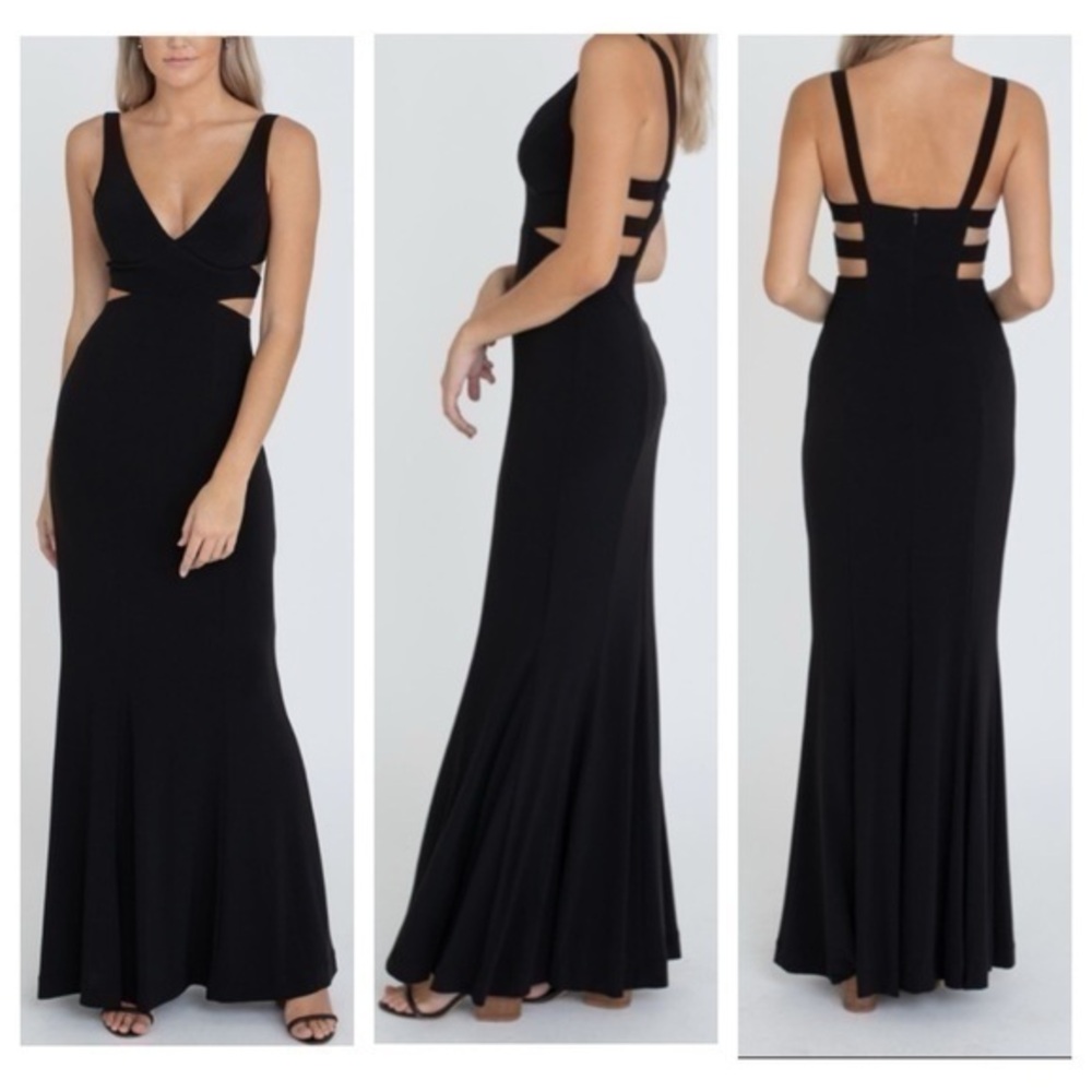 Faviana Black Cutout Deep V-neck Double Slit Maxi Gown 0 AD14